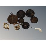 An antique sporting medal together with old coins, dolphin stick pin,