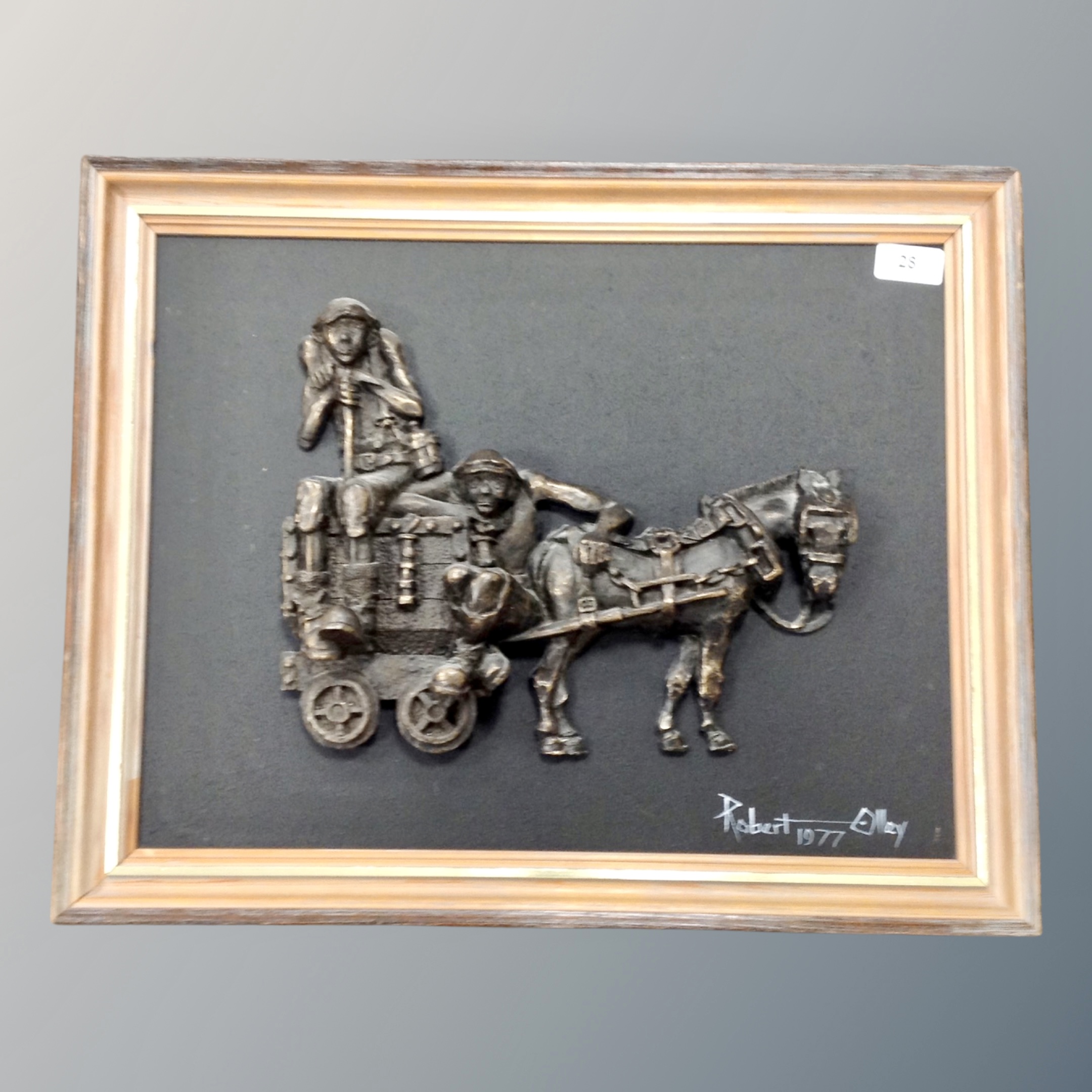 Robert Olley : Pit pony and cart with two miners, relief plaque, signed, dated 1977, 34 cm x 45 cm,
