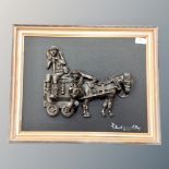 Robert Olley : Pit pony and cart with two miners, relief plaque, signed, dated 1977, 34 cm x 45 cm,