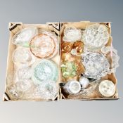 Two boxes of twentieth century glass ware, carnival glass dish,