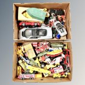 Two boxes of mid century and later die cast and plastic vehicles, Dinky military,