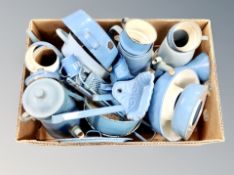 A box of blue enamelled wares including pots, colanders, pans.