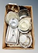 A box of plated wares including serving dishes, lidded muffin dish, bottle coaster,