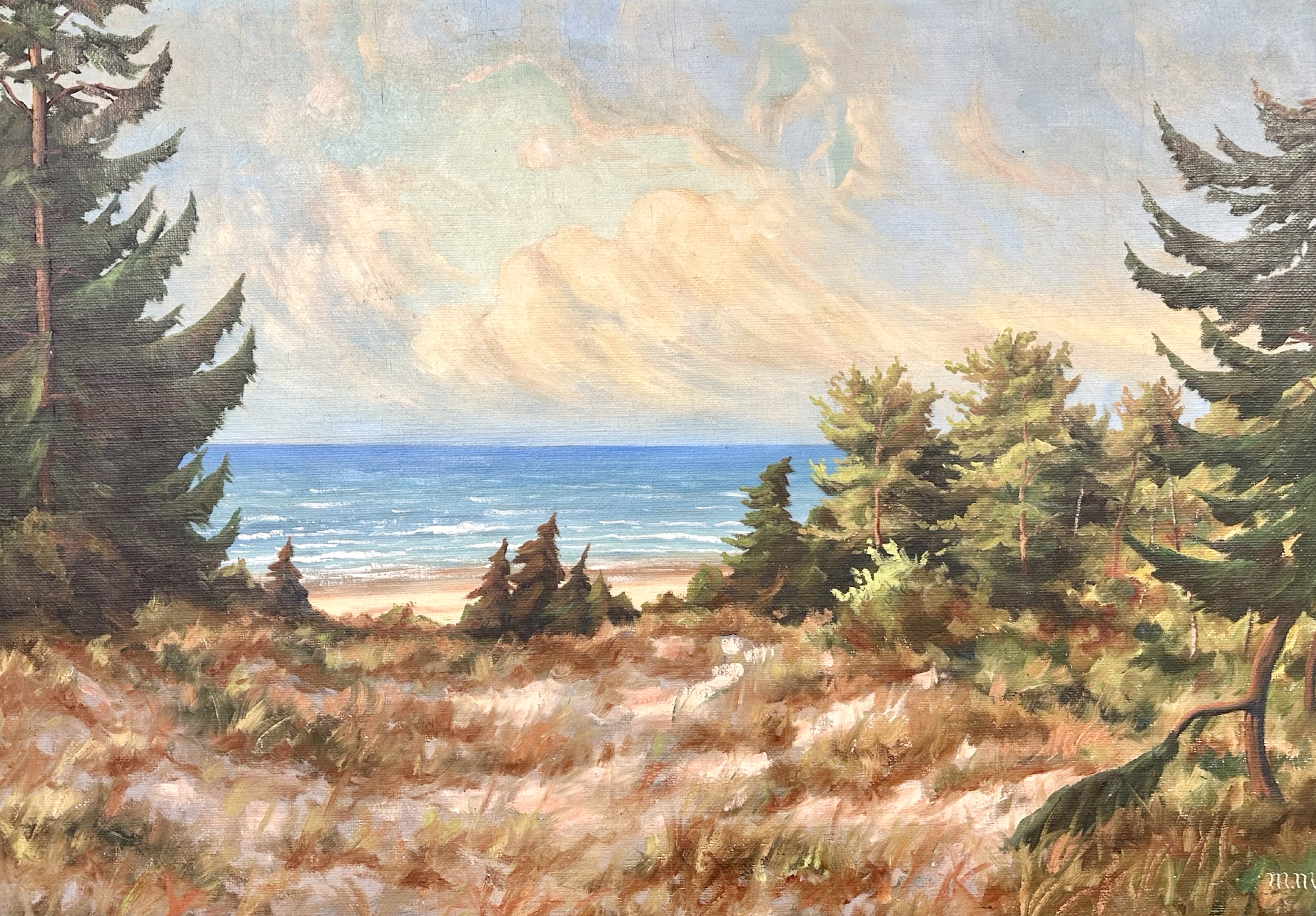Continental School : Sand dunes with sea beyond, oil on canvas,