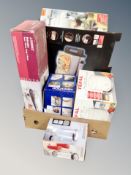 A box of boxed kitchen appliances including Kenwood liquidiser, fish poacher set etc.