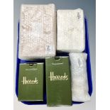 A tray of Harrods vinegar and oil bottles, boxed, together with three further sets of Harrods soaps,