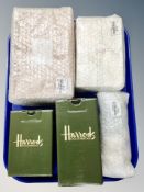 A tray of Harrods vinegar and oil bottles, boxed, together with three further sets of Harrods soaps,