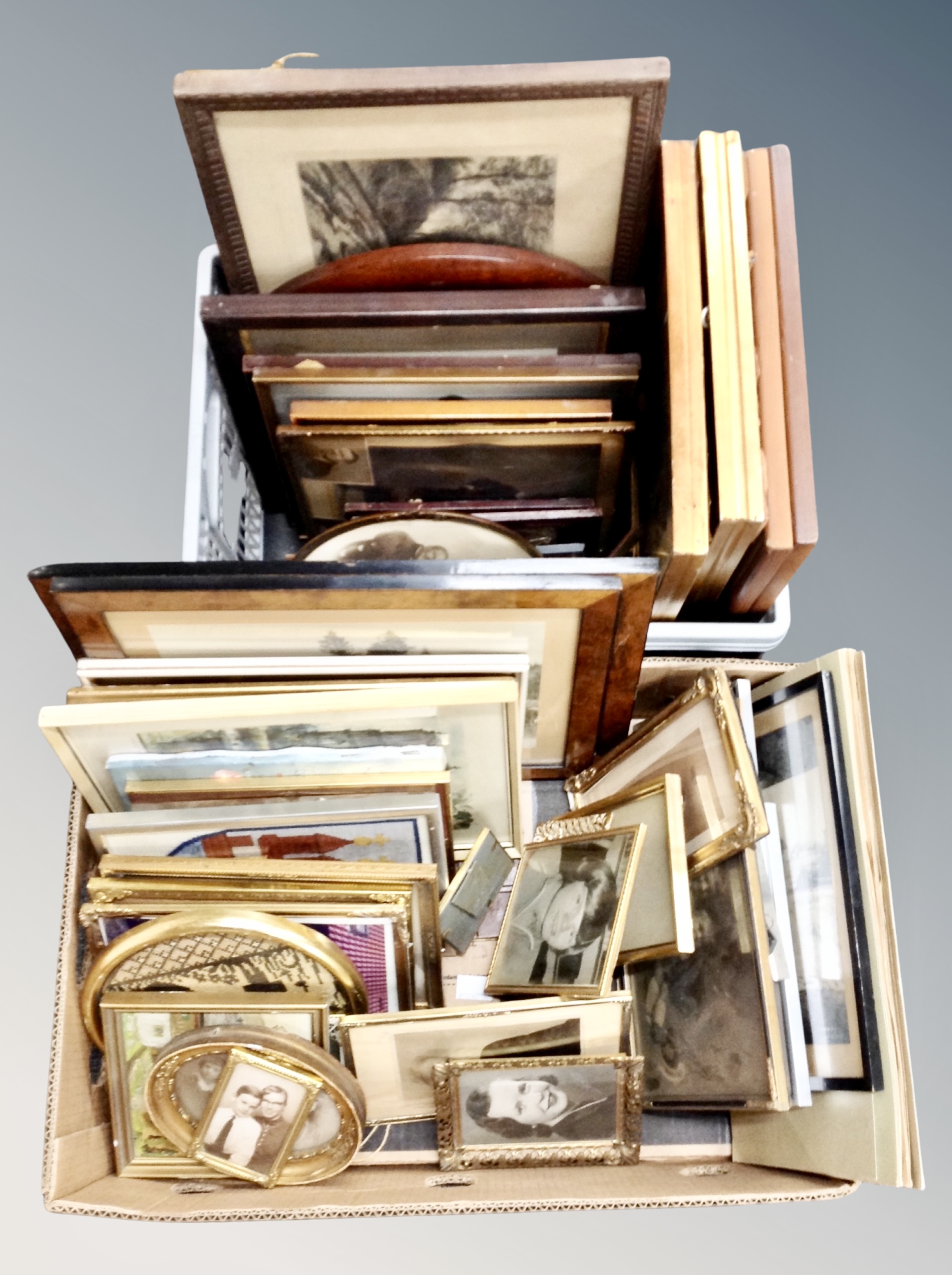 Two boxes of antique and later framed prints and monochrome photographs