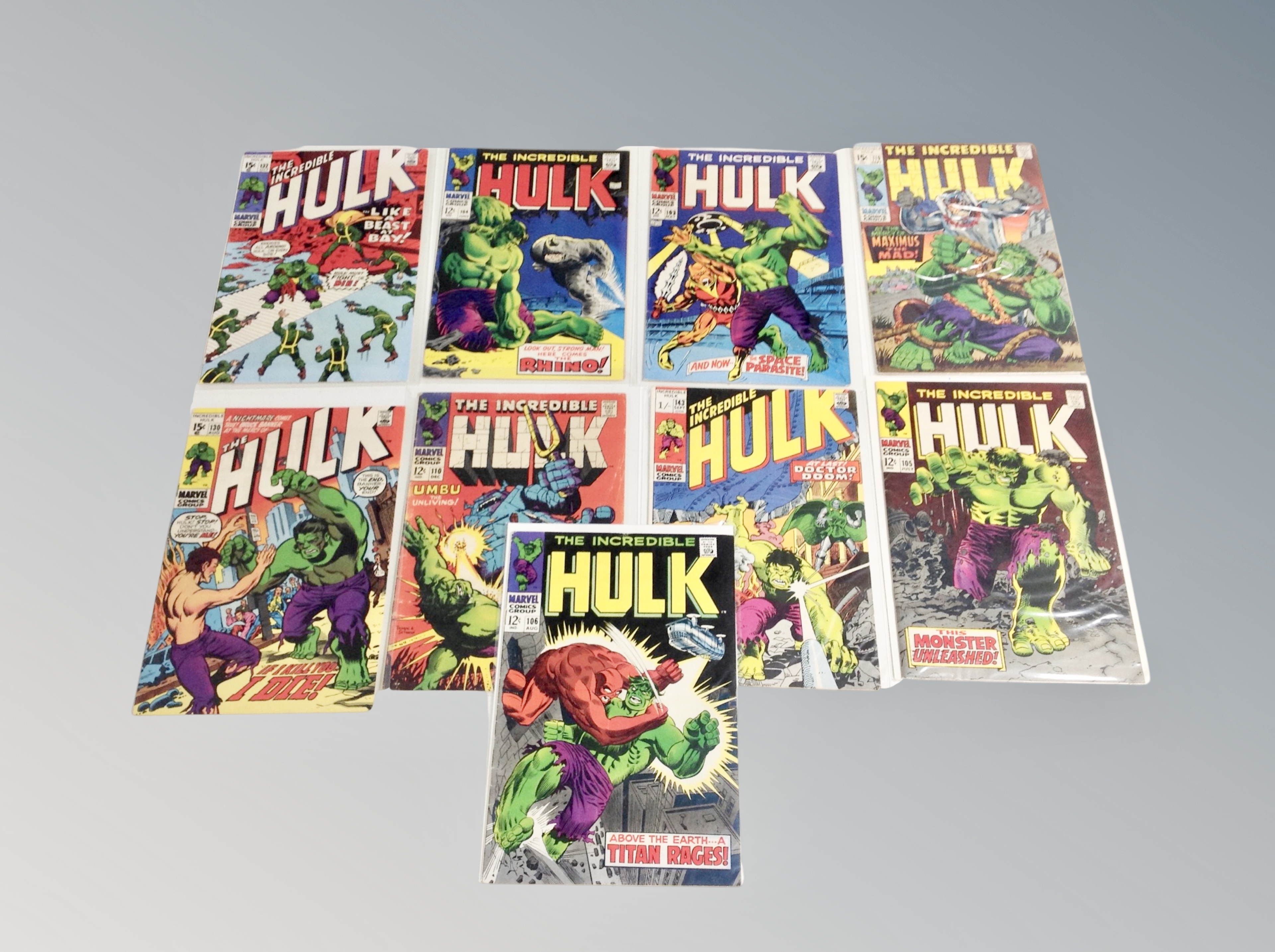 Marvel Comics : The Incredible Hulk issues 103, 105, 106, 110 (12¢ covers), 119, 130, 132,