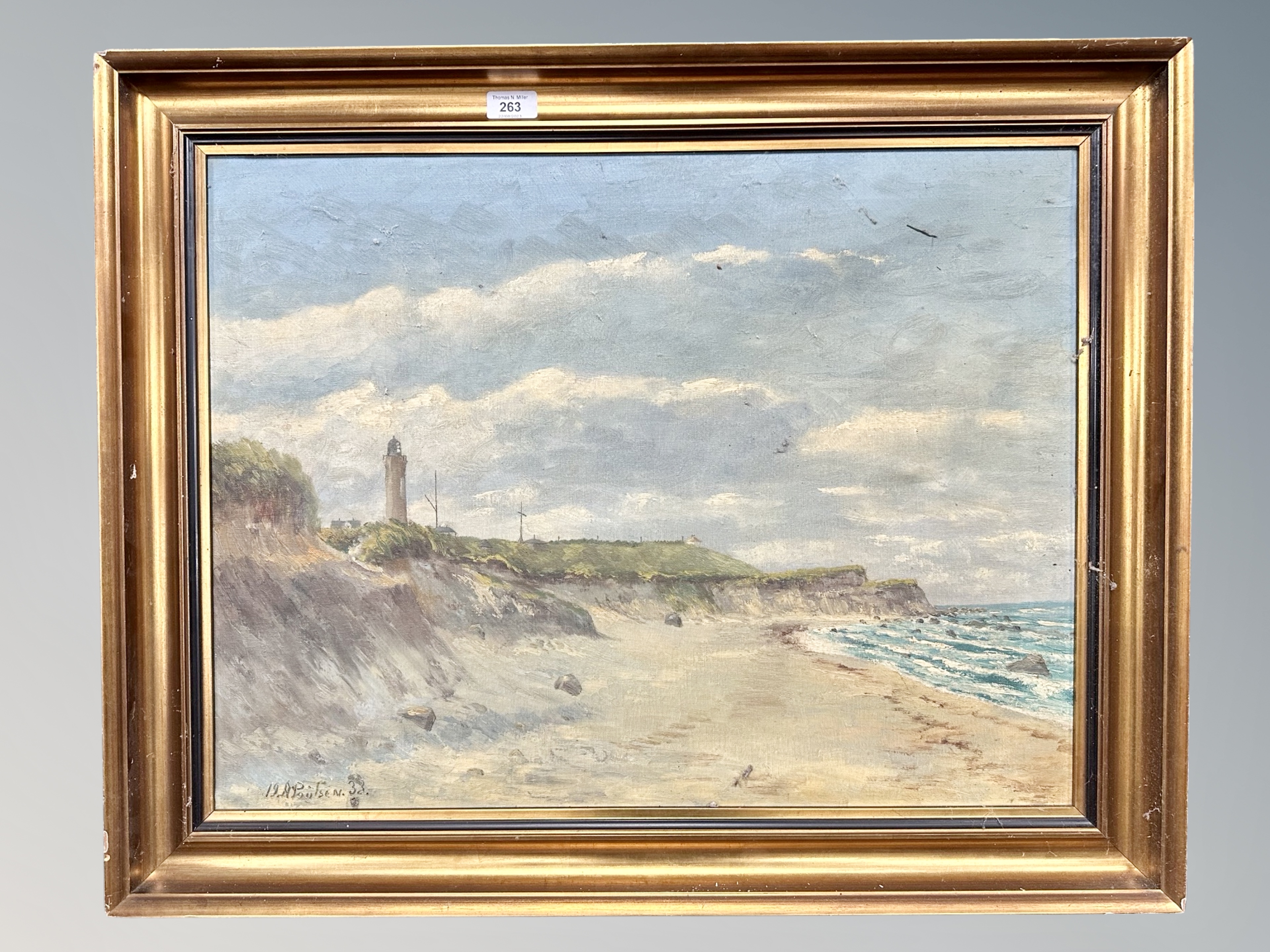 Continental School : Beach scene with lighthouse, oil on canvas, - Image 2 of 2