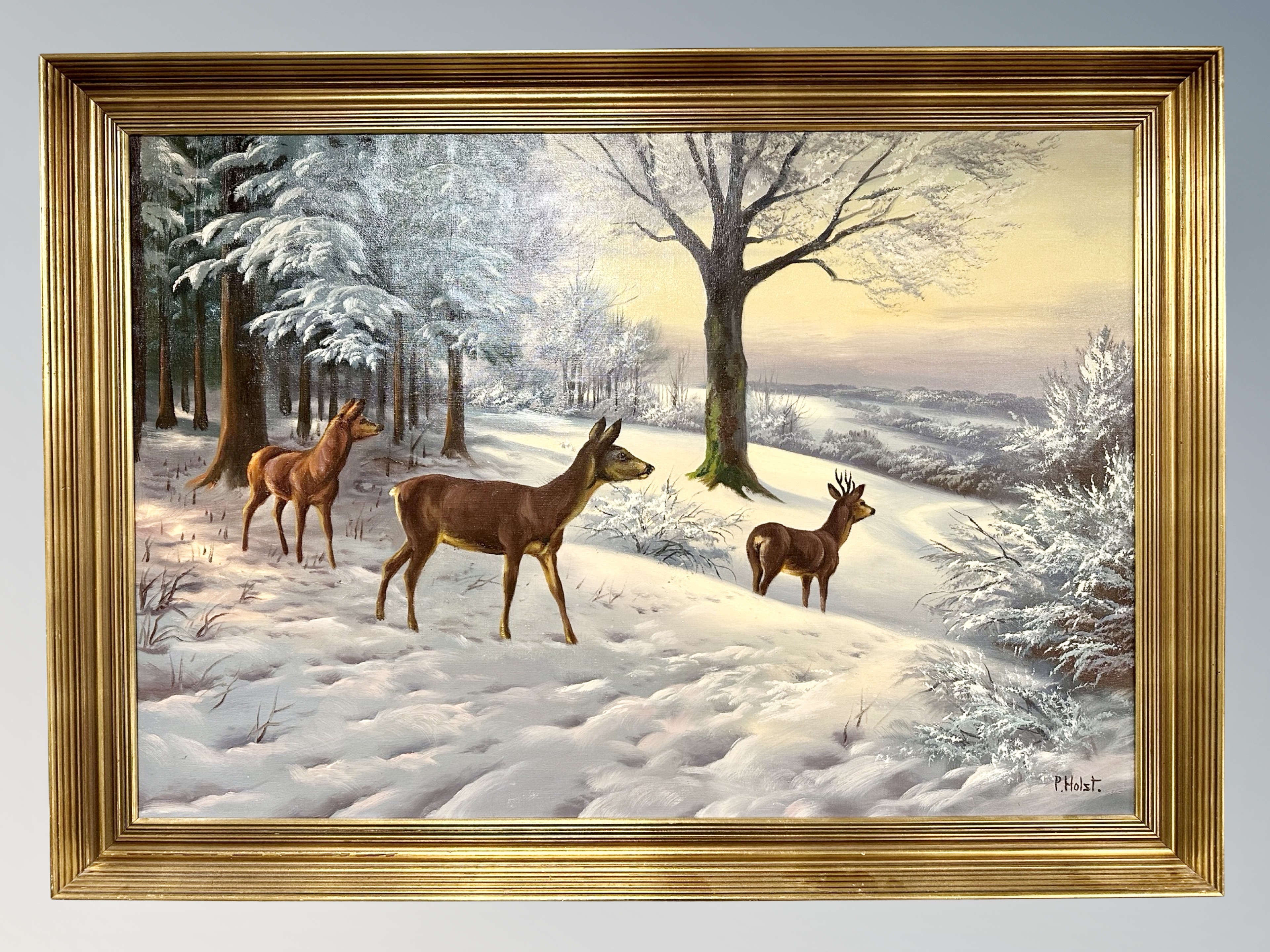 P Holst : Deer in snowy woodland, oil on canvas, - Image 2 of 2