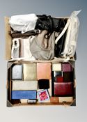 Two boxes containing assorted jewelry boxes, ladies handbags.