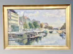 A 20th century continental oil on canvas, Amsterdam canal scene,