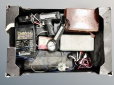 A box of assorted electrical and manual gauges,