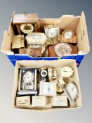 Two boxes of contemporary mantel clocks, carriage clocks.