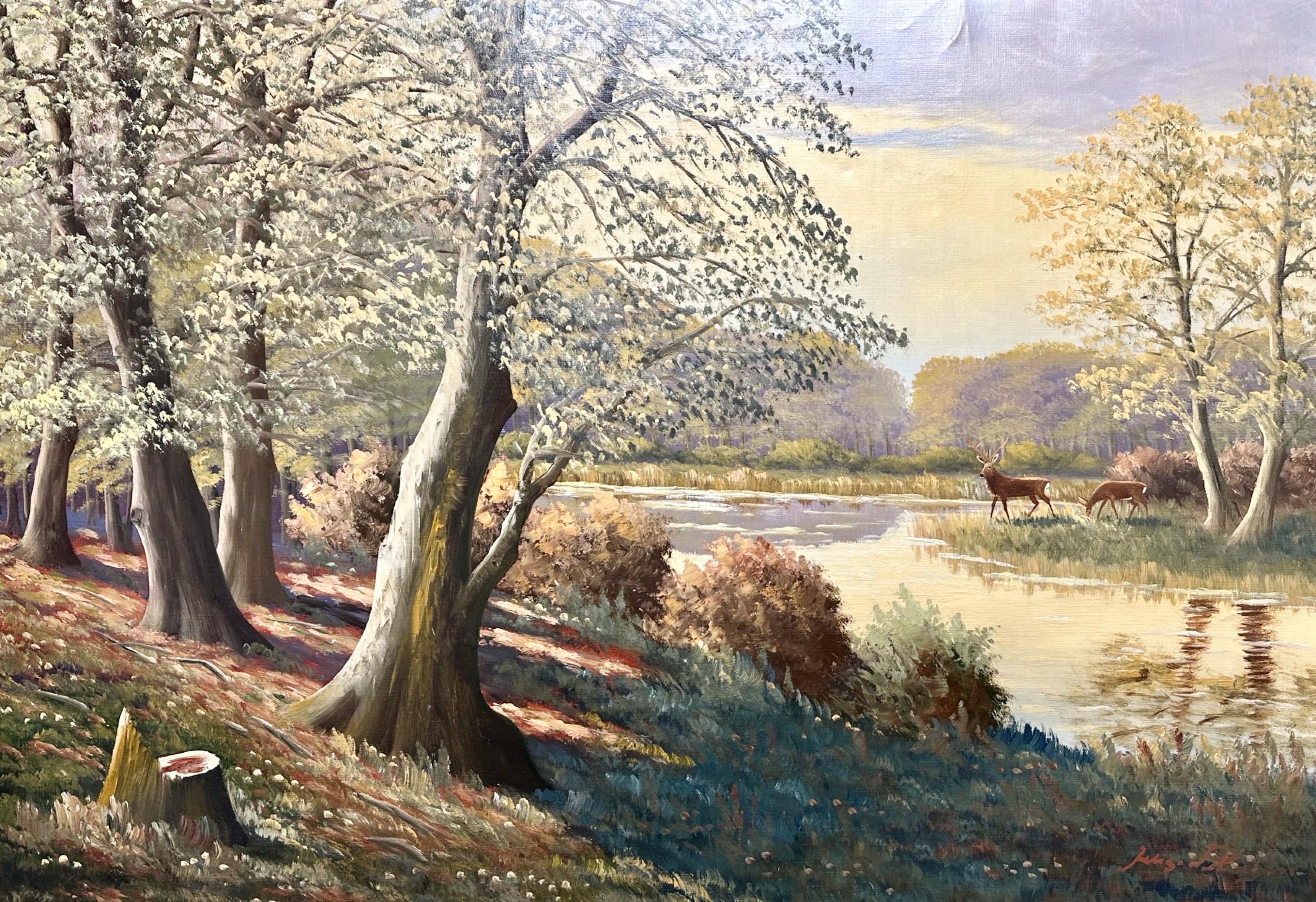 Continental School : Deer by a woodland stream, oil on canvas,