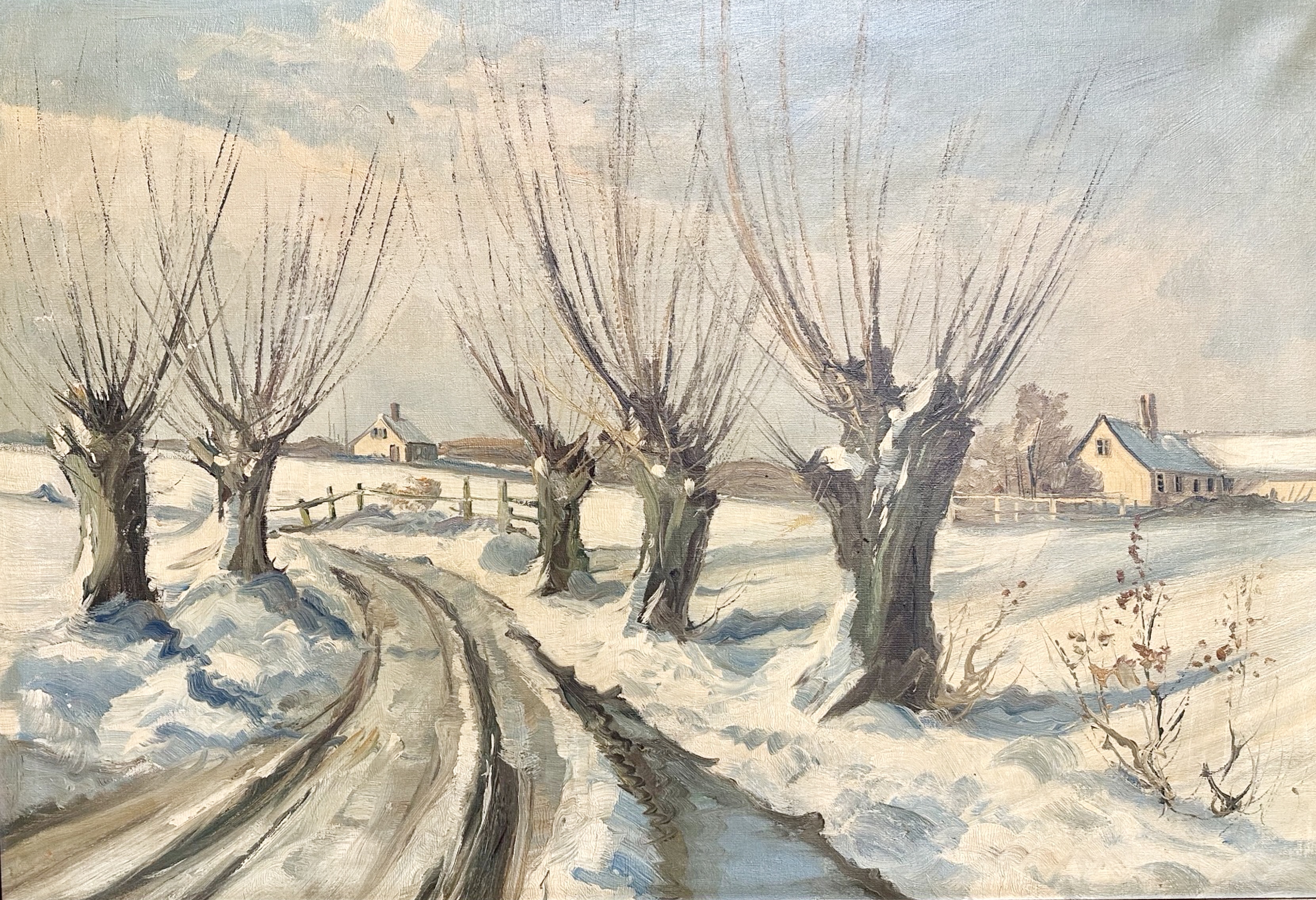 Continental School : Winter road leading to a village, oil on canvas,