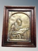 A Victorian brass embossed panel depicting a seated lady with book,