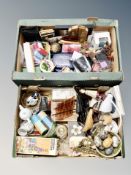 Two boxes of assorted Scandinavian ornaments, table boxes, threads,