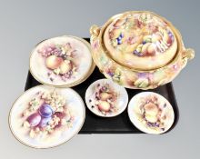 A Sovereign fine china lidded tureen painted with fruit by D J Clewes together with seven further