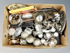 A box of stainless steel and silver plated items, vintage mincer,