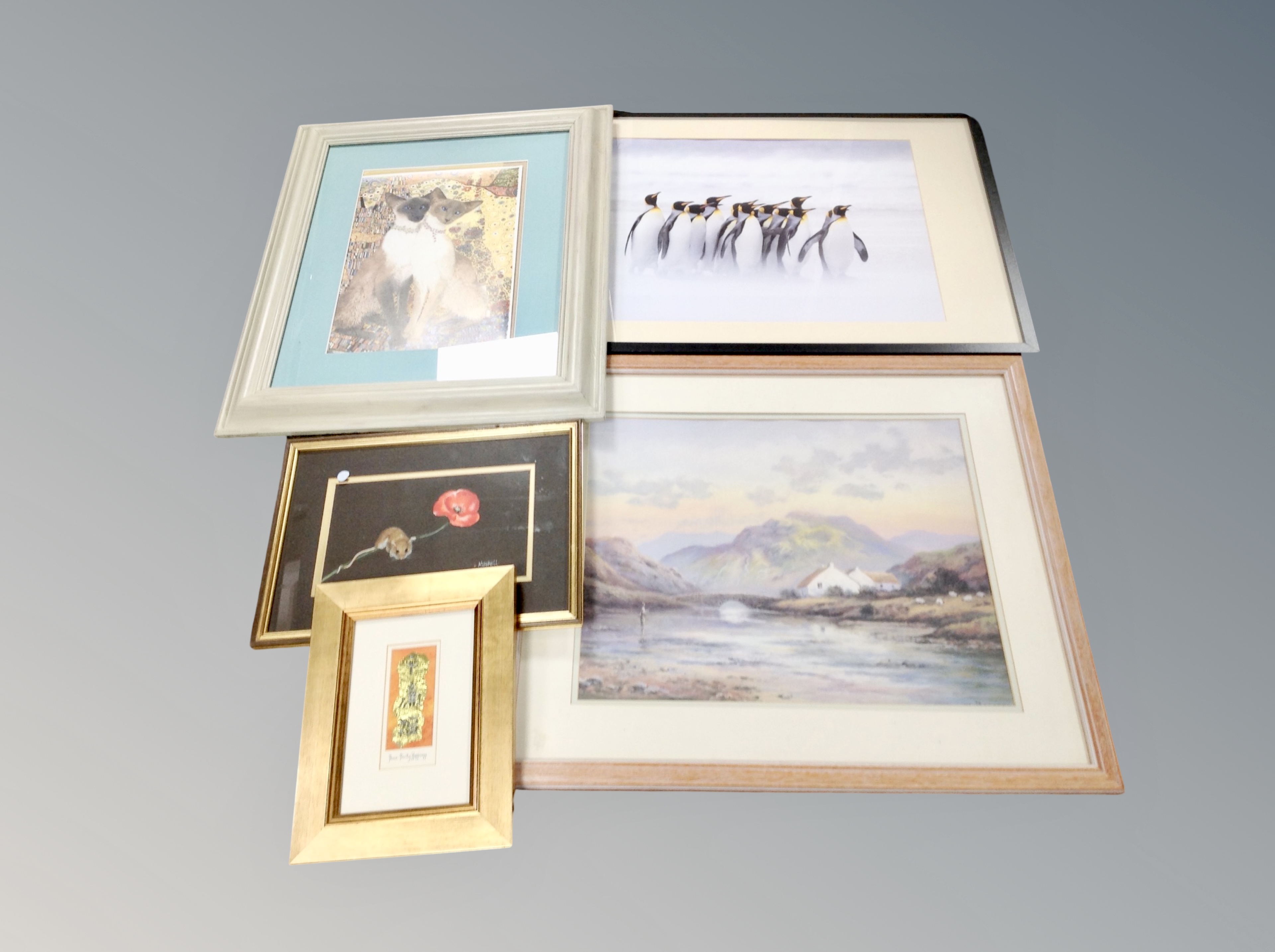 A group of five decorative pictures and prints including Gustav Klimt cat print etc