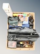 Two boxes containing photography items including canon EOS50E digital camera, camera tripods,