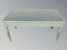 An antique painted pine kitchen preparation table with later top,