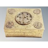 A Chinese brass box with hardstone inset roundel,