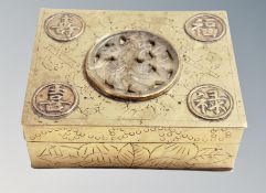 A Chinese brass box with hardstone inset roundel,