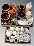 Three boxes of Scandinavian and English ceramics, flaggons, storage jars, pottery items,