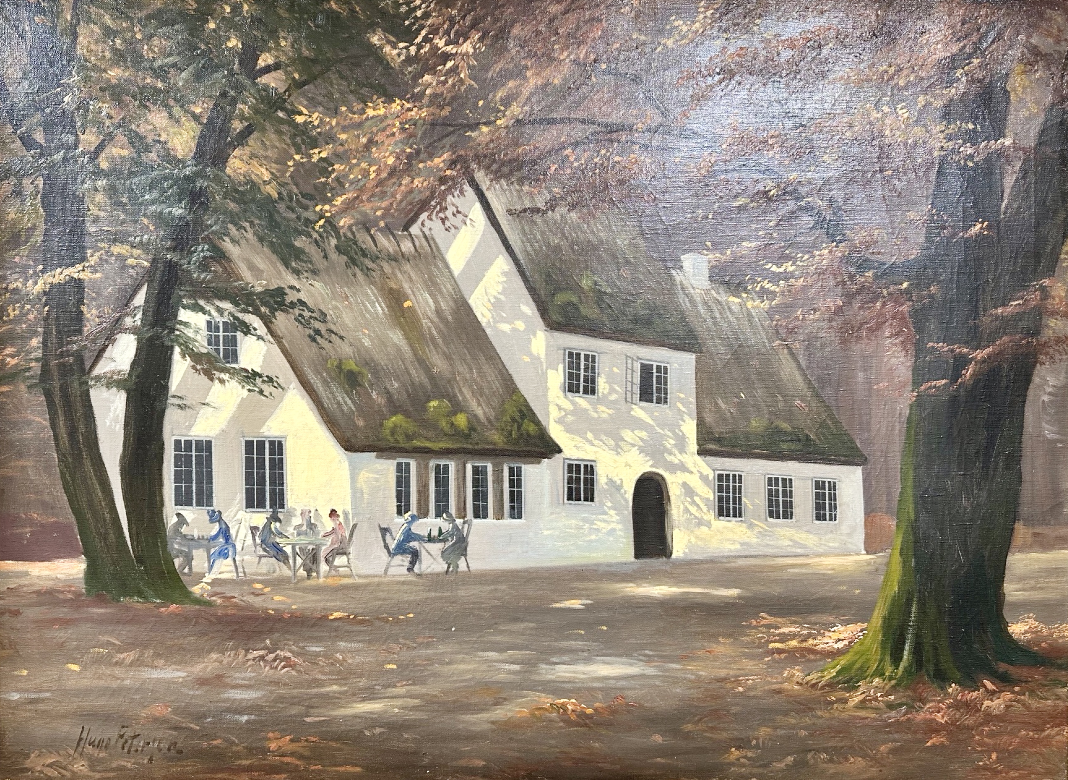 Continental School : A thatched building in woodland, oil on canvas,