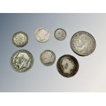 A group of Victorian and later coins, shillings 1868, 1900 and 1921, half crown 1909,