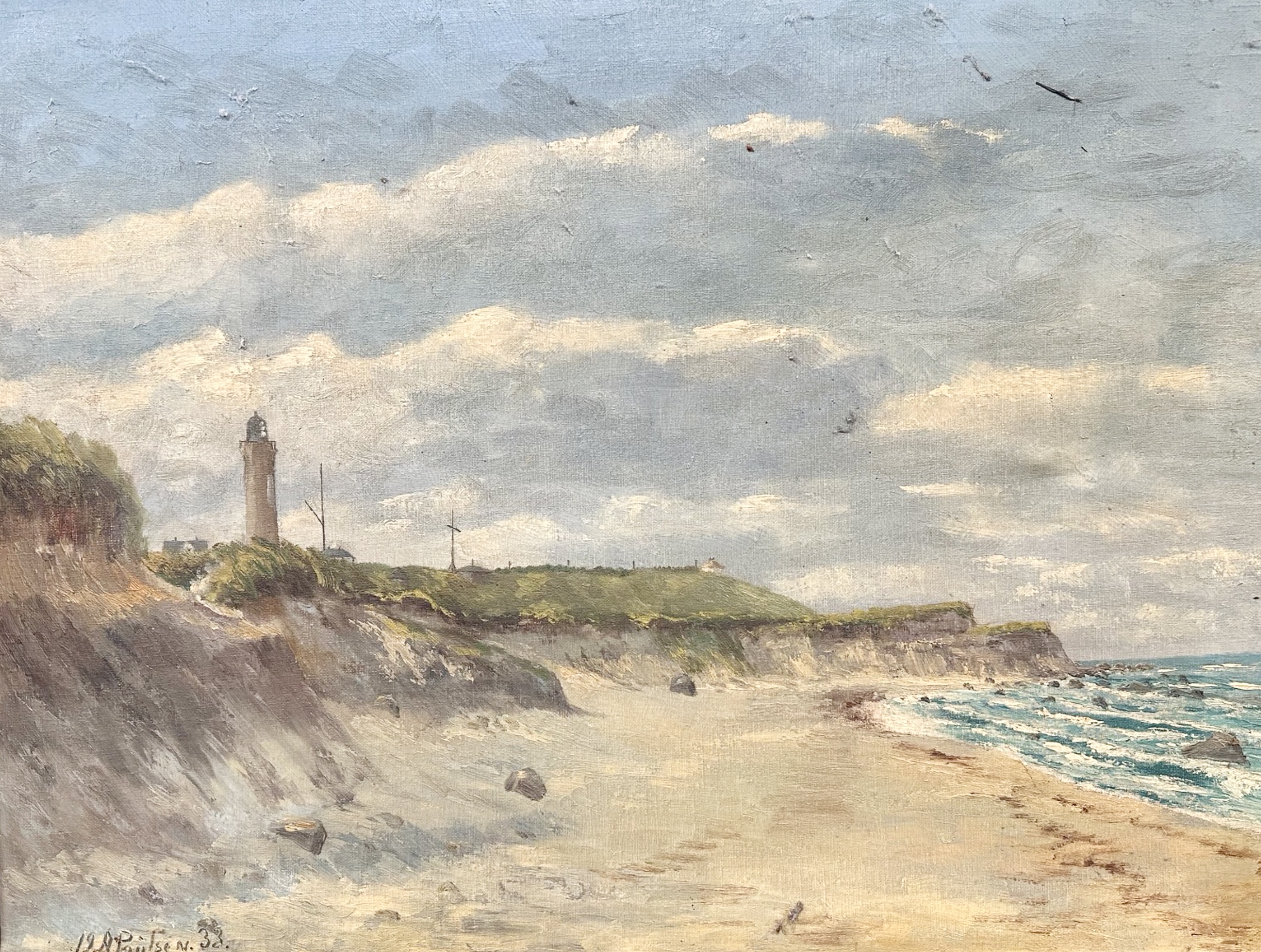 Continental School : Beach scene with lighthouse, oil on canvas,