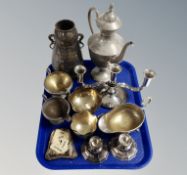 A tray containing silver plated wares including three sconce candelabra, sauce boats,