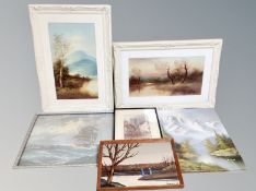 A group of pictures and prints including unframed oil on canvas alpine landscape etc.