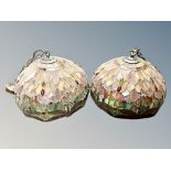 A pair of Tiffany style leaded glass pendant ceiling light shades decorated with dragonflies,