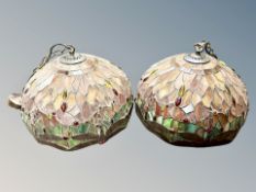 A pair of Tiffany style leaded glass pendant ceiling light shades decorated with dragonflies,