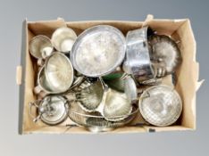 A box of silver plated wares including pedestal dish, rose bowl, basket etc.