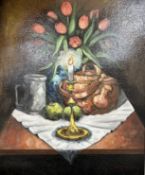 Continental School : Still life of tulips, oil on canvas,