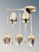 A set of six Apostle dessert spoons with gilt washed bowls by Martin Hall