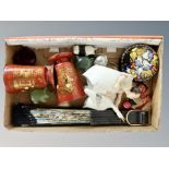 A small tray of collectables, hand painted and signed Ukraine lacquer box, jade carvings,