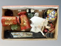 A small tray of collectables, hand painted and signed Ukraine lacquer box, jade carvings,