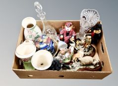 A box containing Maling vases, ornaments, crystal vase and decanter etc.