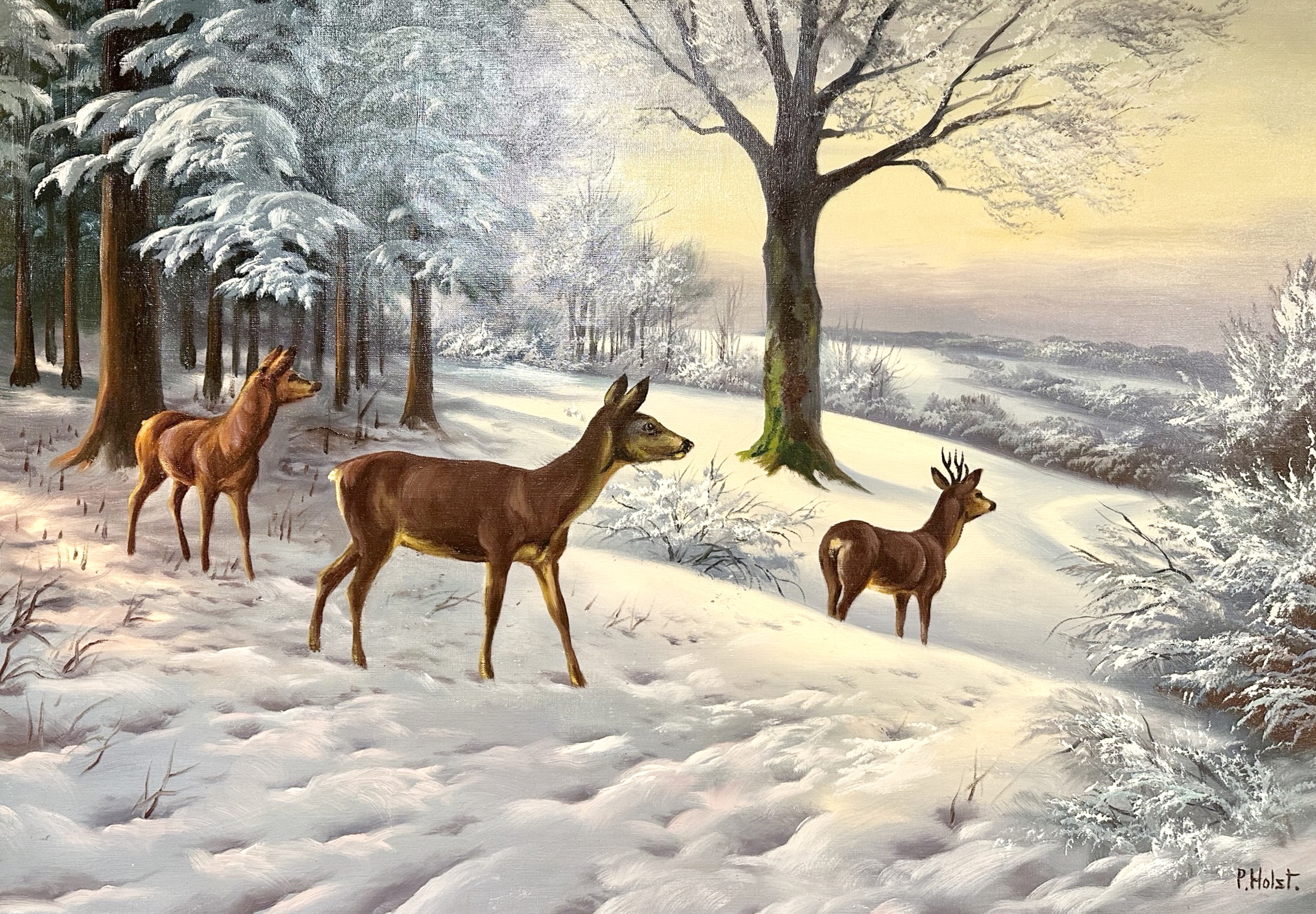 P Holst : Deer in snowy woodland, oil on canvas,