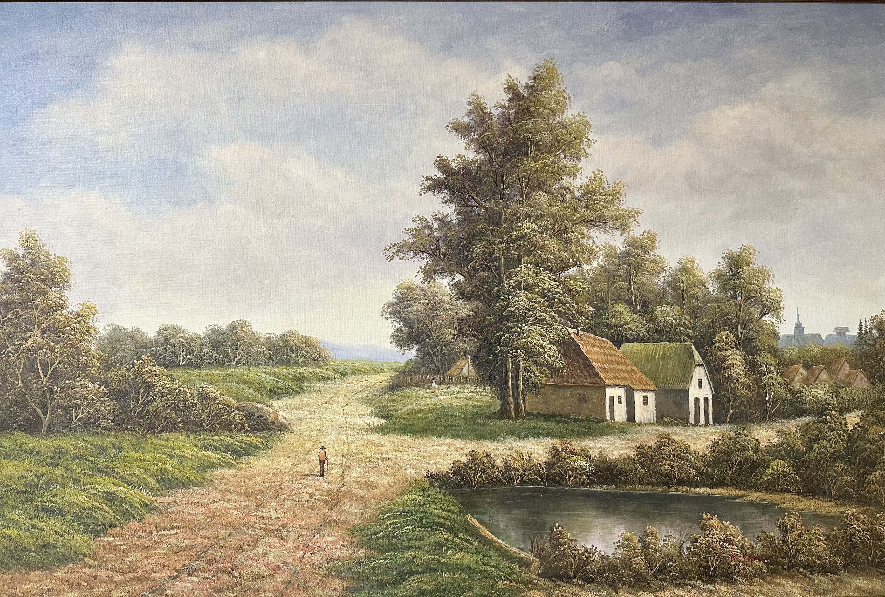 A contemporary oil on canvas rural landscape in period style gilt frame, 90 cm x 59 cm.