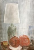 Continental School : Still life of pottery and lamp, oil on canvas,