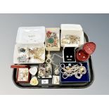 A tray of mostly costume jewellery, pair of 9ct gold earrings, necklaces,