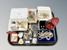 A tray of mostly costume jewellery, pair of 9ct gold earrings, necklaces,