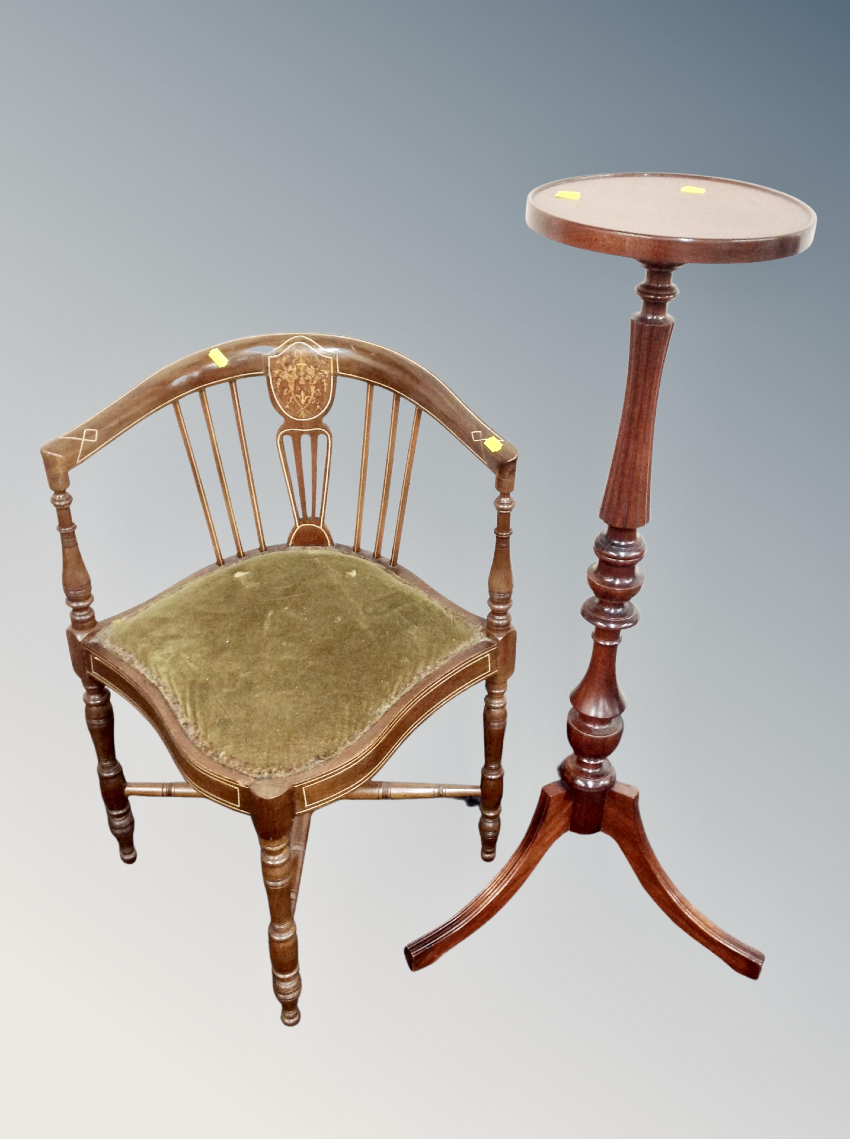 A reproduction mahogany torchere and Edwardian inlaid corner chair